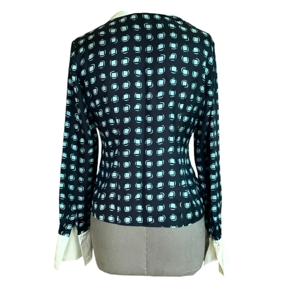 Women Shirt JONES NEWYORK Black Blue Geometric Print Silk Blouse Long Sleeve Top - Picture 5 of 7